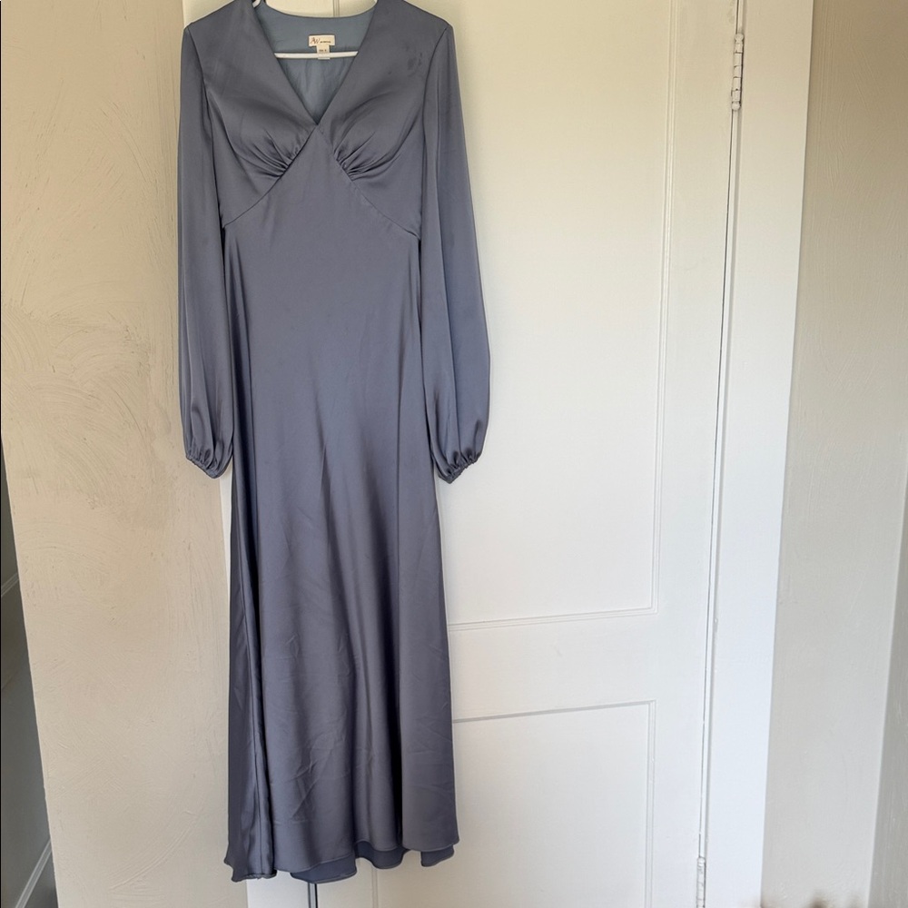 Long-Sleeve V-Neck Satin Maxi Dress in Slate Blue
